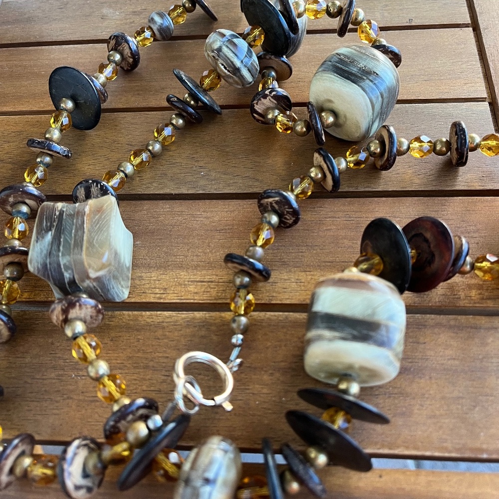 20" w/clasp // bone, wood, amber-colored beads, and shell // necklace or belt
